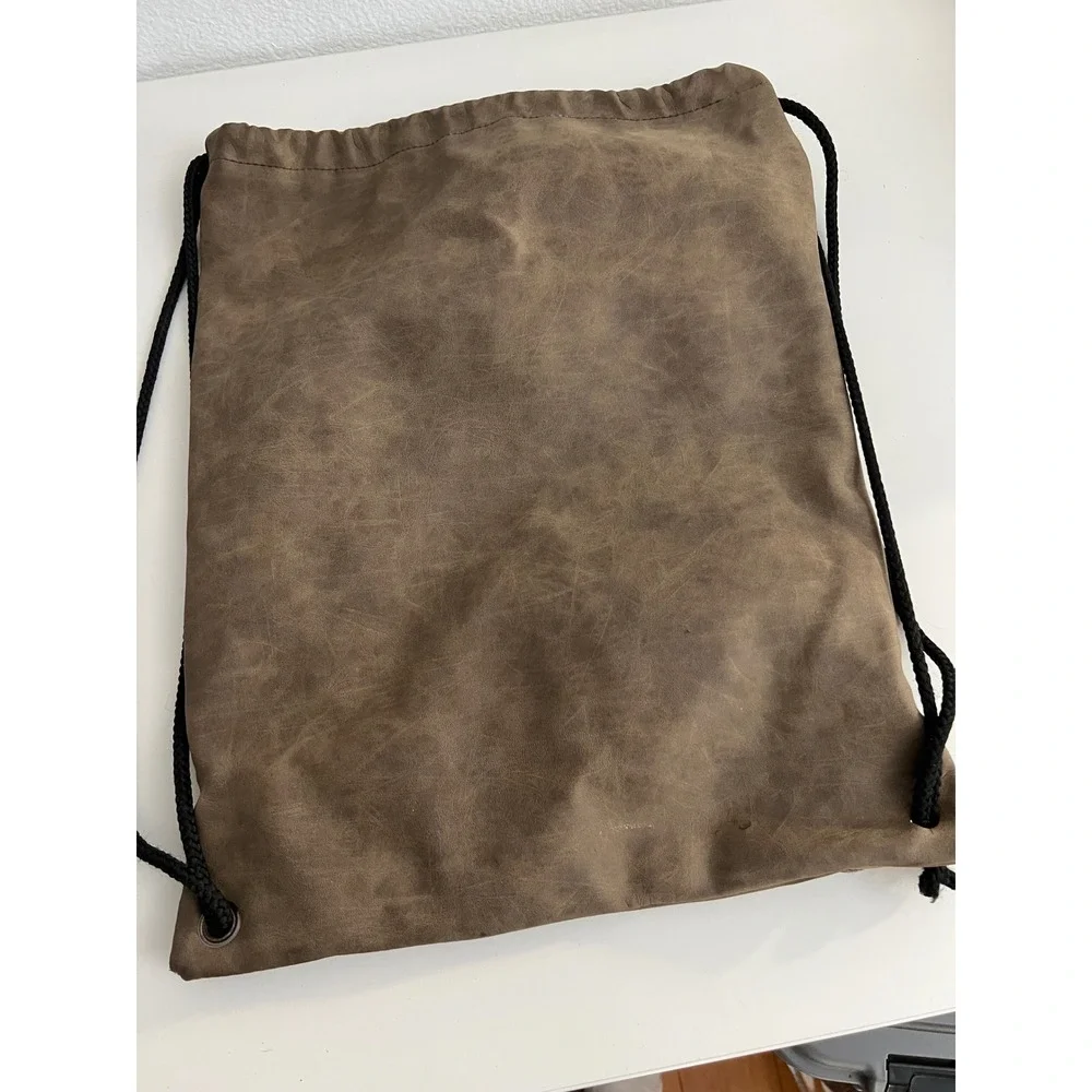 Brown Faux Leather Drawstring Backpack Bag With Front Zip‎ Pocket